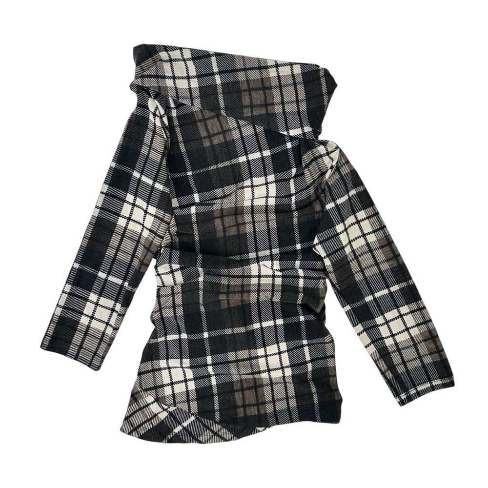 Max Mara Asymmetric Gray & Black Plaid Cowl Neckline Wool Long Sleeve Top